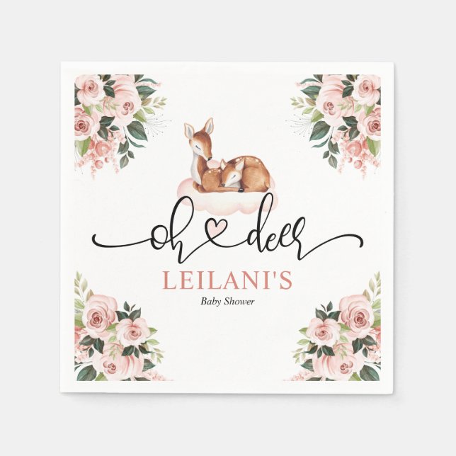 Rosa Blommigt Vattenfärg Oh Hjort Baby Shower Pappersservett (Framsidan)