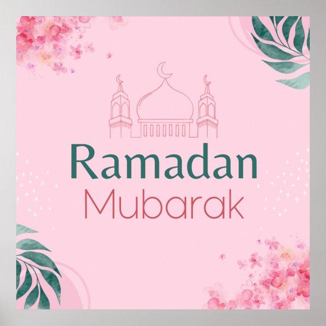 Rosa Blommigt Vattenfärg Ramadan Mubarak Poster (Framsidan)