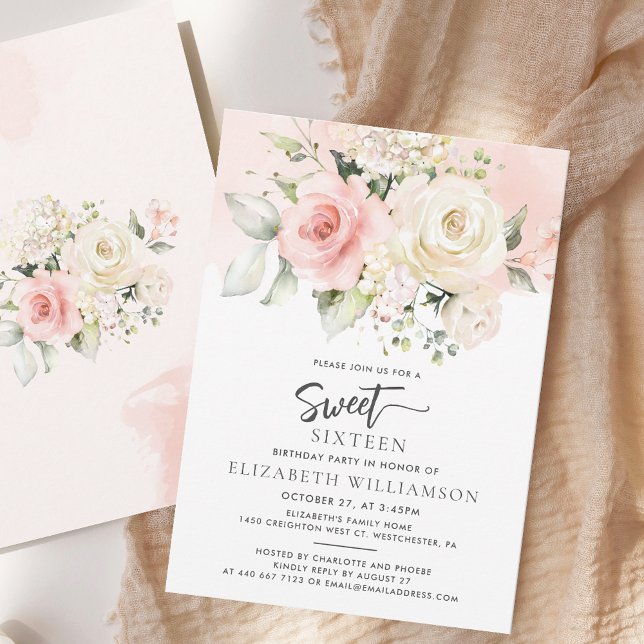 Rosa Blommigt Vattenfärg Söt 16 Inbjudningar (Pink Floral Elegant Sweet Sixteen Script Modern Watercolor 16th Birthday Party Invitation)