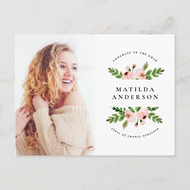 Rosa blommigt, vattenfärg, studenten-foto inbjudan (Framsida)