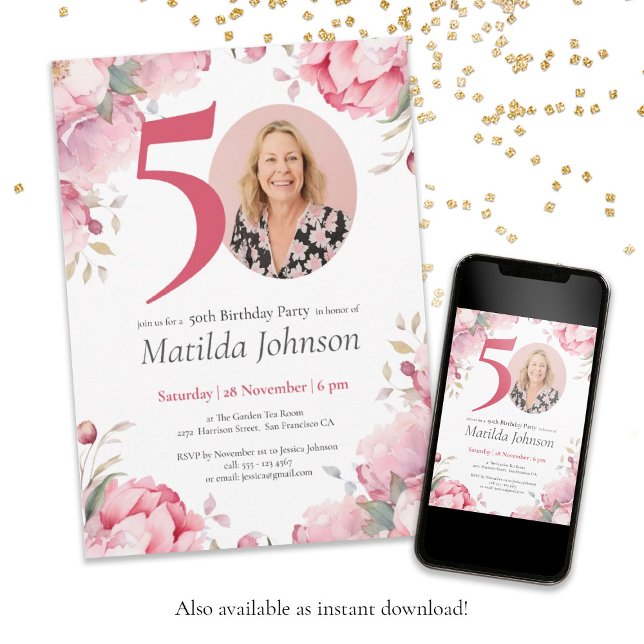 Rosa Blommigt Vattenfärgad Anpassningsbar Foto 50: Inbjudningar (50th Birthday Pink Floral Watercolor Custom Photo Invitation
)