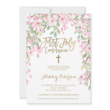 Rosa blommigt vattenfärgen guld First Heliga Commu