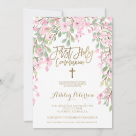 Rosa blommigt vattenfärgen guld First Heliga Commu Inbjudningar