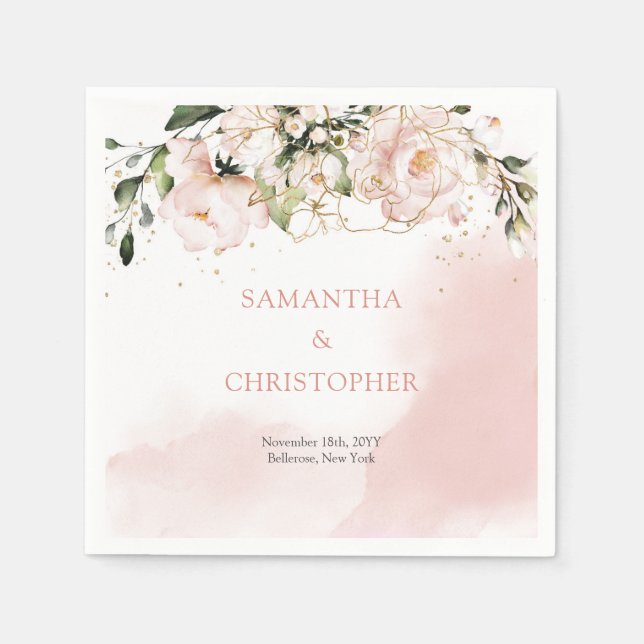  Rosa Blommigt Vattenfärgen Ro Bröllop Napkins Pappersservett (Framsidan)