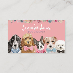 Rosa Blommigt VattenfärgHundraser Hund Groomer Visitkort