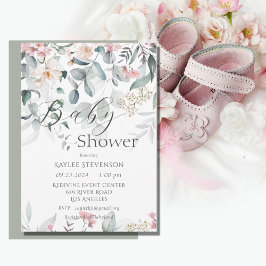Rosa Blommigt Vattenfärgning Greenery Baby Shower Inbjudningar