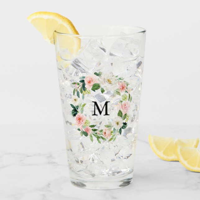  Rosa Blommigt Vattenfärgning Utandning Monogram Glaskopp (Framsida Ice)