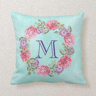 Rosa Blommigt Vattenfärgning Utandning Monogram In Kudde