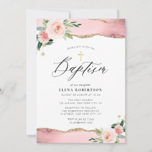  rosa blommigt vattenfärgsagate baptism inbjudningar