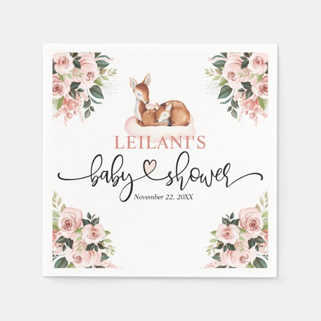 Rosa Blommigt Vattenfärgsbabyskor för Hjort  Pappersservett (Framsidan)