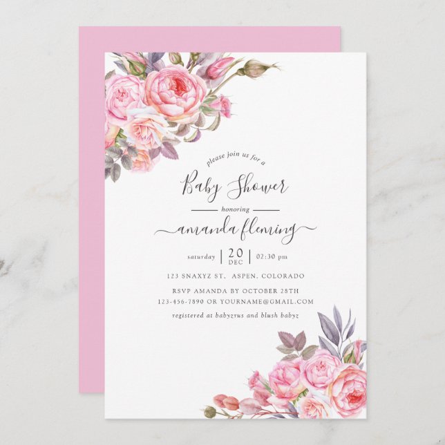Rosa Blommigt Vattenfärgsbabyskor Inbjudningar (Fram/baksida)