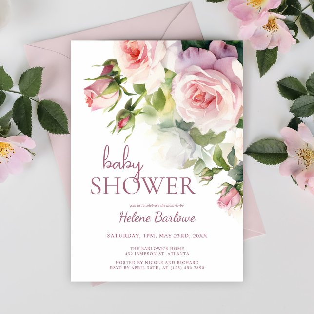  Rosa Blommigt Vattenfärgsbabyskor Inbjudningar (Blush Pink Floral Watercolor Baby Shower Invitation)