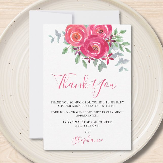 Rosa Blommigt Vattenfärgsbabyskor Tack Kort (Skapare uppladdad)