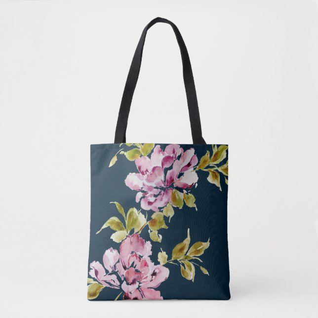 Rosa blommigt vattenfärgsblomma snyggt elegant mar tygkasse (Framsida)