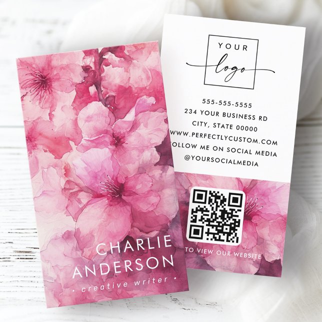 Rosa blommigt vattenfärgsblommans blommigt logotyp visitkort (Pink floral watercolor flower floral logo QR code Business Card)