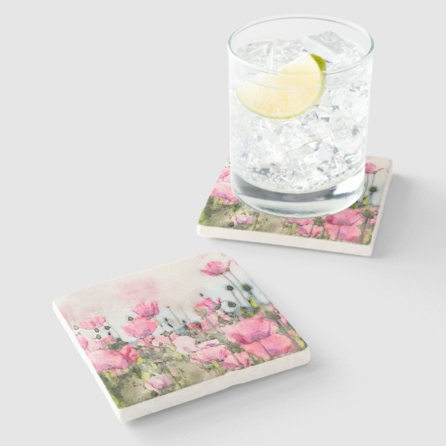 Rosa Blommigt Vattenfärgsblommor Stenunderlägg (Sidan)