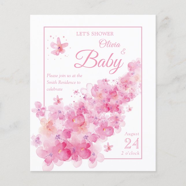 Rosa Blommigt Vattenfärgsbudget, babyvisningsprogr (Framsida)