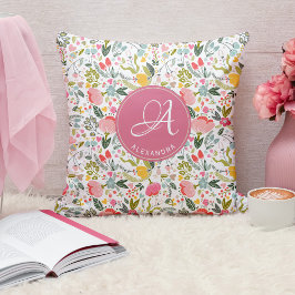Rosa blommigt vattenfärgsmonogram namn kudde