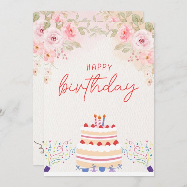 Rosa Blommigt Vattentärsfärgkort för födelsedagsin Inbjudningar (Fram/baksida)