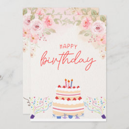 Rosa Blommigt Vattentärsfärgkort för födelsedagsin Inbjudningar