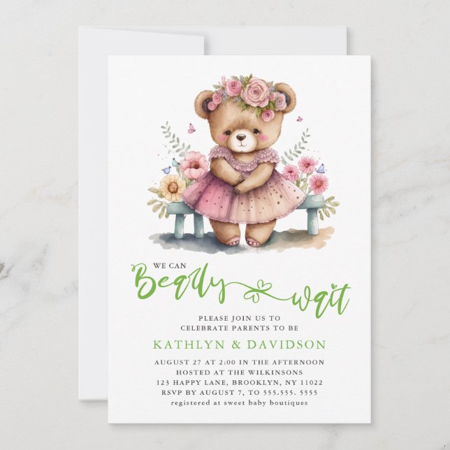 Rosa Blommigt Vi kan tidigt vänta på babyskor Inbjudningar (Framsida)