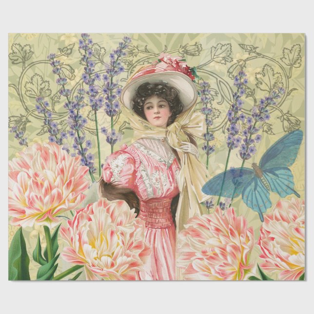Rosa Blommigt Victorian Woman ReEmergency Presentpapper (Platt)