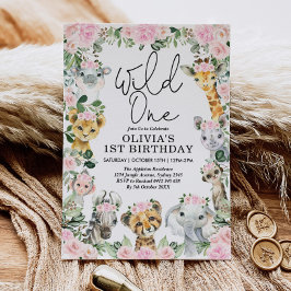 Rosa Blommigt Vild 1 Jungle Safari Birthday Girl Inbjudningar