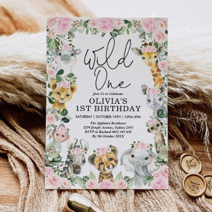 Rosa Blommigt Vild 1 Jungle Safari Birthday Girl Inbjudningar