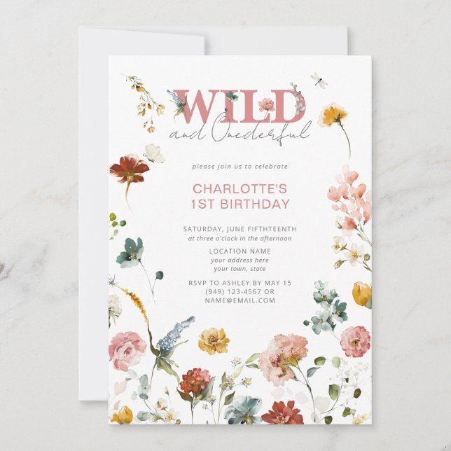Rosa Blommigt Vild och gravid flicka 1:a födelseda Inbjudningar (Framsida)