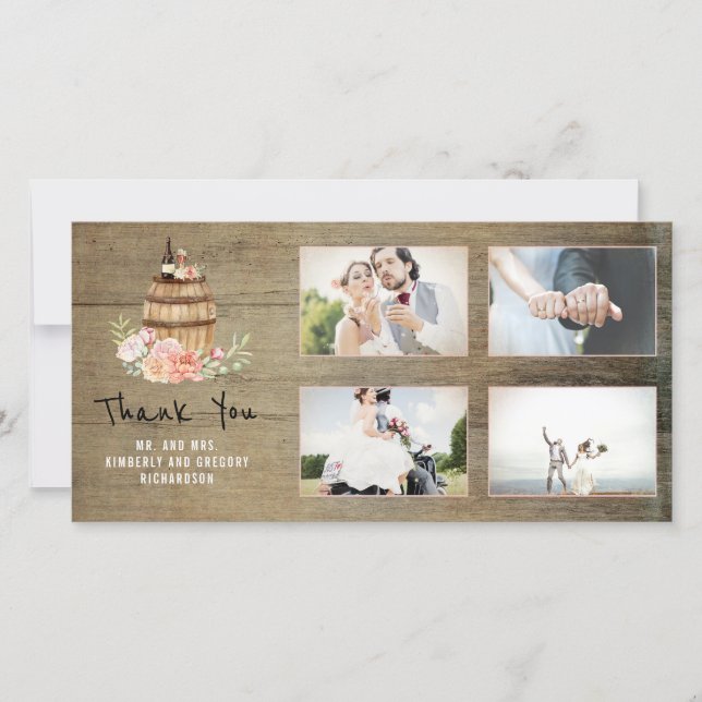 Rosa Blommigt Vin Barrel Rustic Tack Bröllop (Framsida)