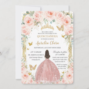 Rosa Blommigt Vintage Guld Quinceañera Inbjudningar