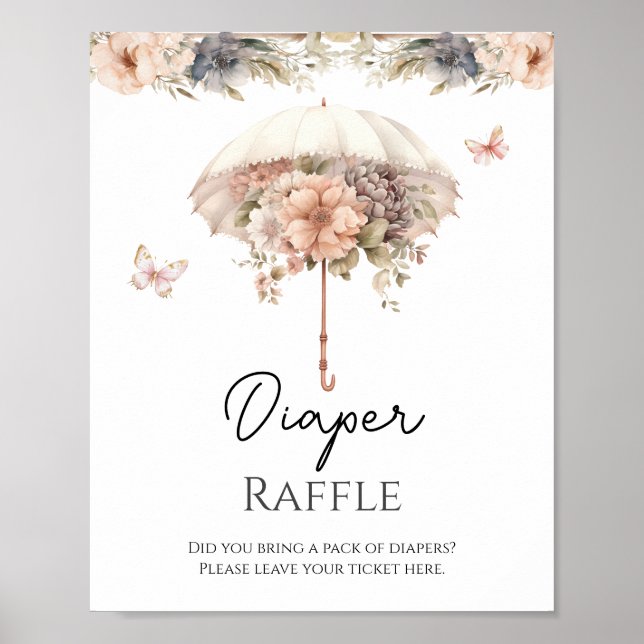 Rosa Blommigt Vintage Paraplla Diaper Raffle Poster (Framsidan)