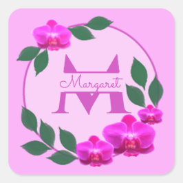 Rosa blommigt vintage personlig namn fyrkantigt klistermärke