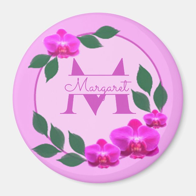 Rosa blommigt vintage personlig namn magnet (Framsidan)