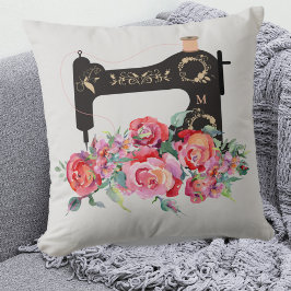 Rosa Blommigt Vintage Sewing Maskin Monogram Kudde