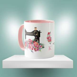 Rosa Blommigt Vintage Sewing Maskin Monogram Mugg