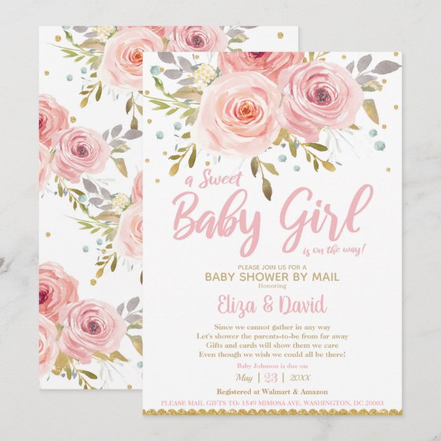 Rosa  Blommigt Virtuell babystölder efter Mail Gir Inbjudningar (Fram/baksida)
