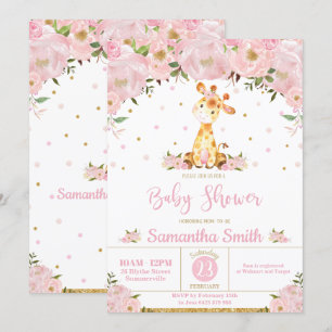 Rosa Blommigt Visemisk Giraffe Girl Baby Shower Inbjudningar