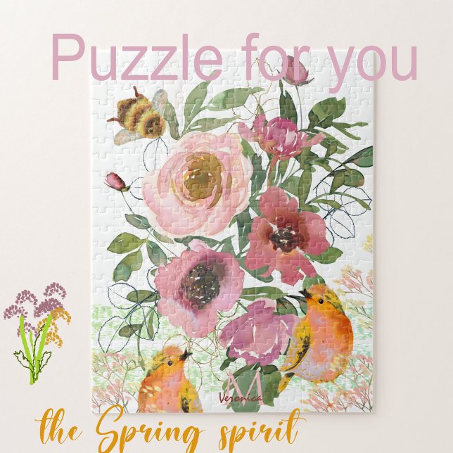 Rosa blommigt vit Puzzel med fåglar Pussel (Beautiful Spring puzzle with yellow birds and pink flowers to bring the spirit of spring to you)