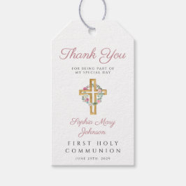Rosa Blommigt Wandeand Kor Girl First Communion Presentetikett