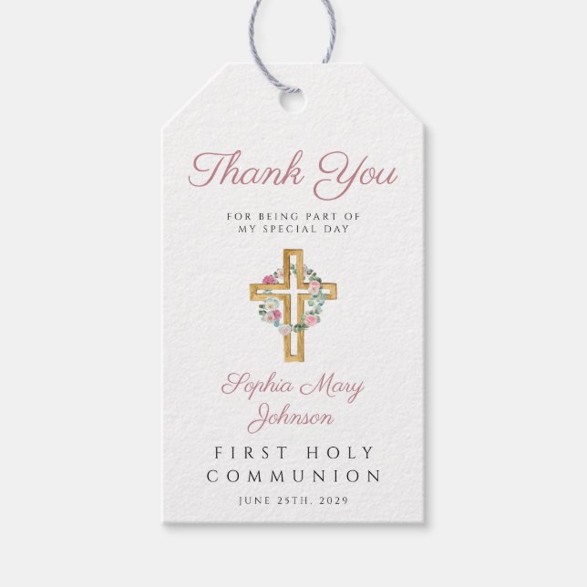 Rosa Blommigt Wandeand Kor Girl First Communion Presentetikett (Framsidan)