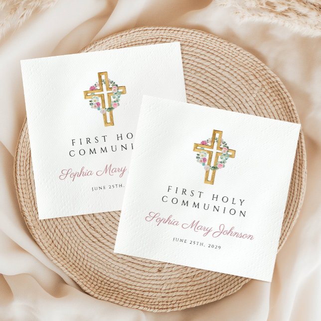 Rosa Blommigt WandeGirl First Communion Pappersservett (Pink Floral Wreath Girl First Communion Napkins)