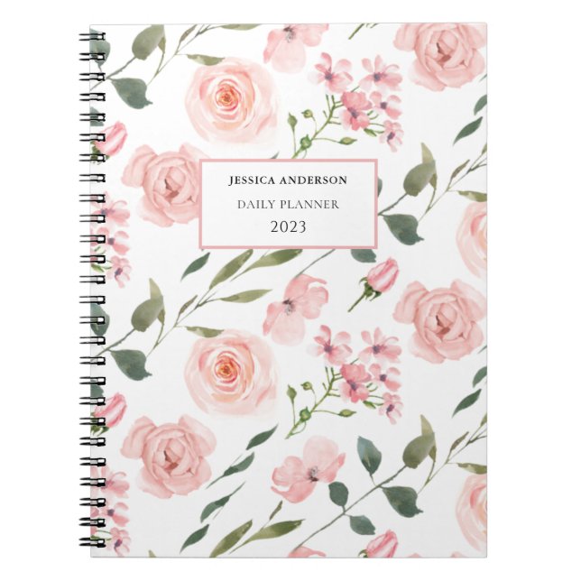 Rosa Blommigt Watercolor 2023 Planner Anteckningsbok (Framsidan)
