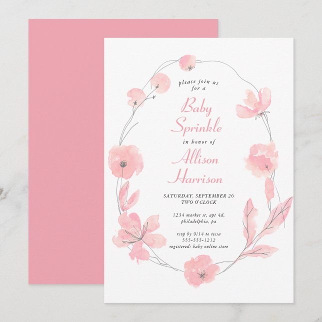 Rosa Blommigt Watercolor Baby Sprinkle Inbjudningar (Fram/baksida)