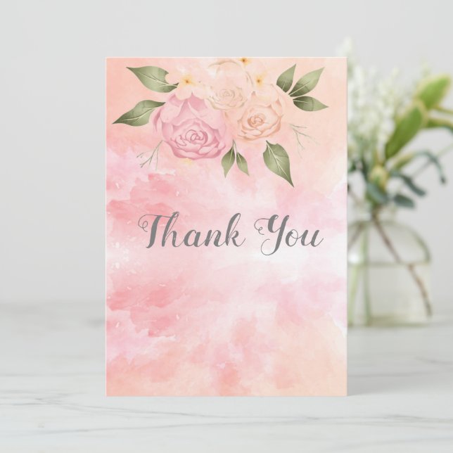 Rosa Blommigt Watercolor Bröllop Tack Kort (Stående Fram)