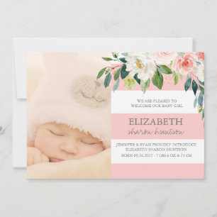 Rosa Blommigt Watercolor Flicka Photo Birth Meddelande