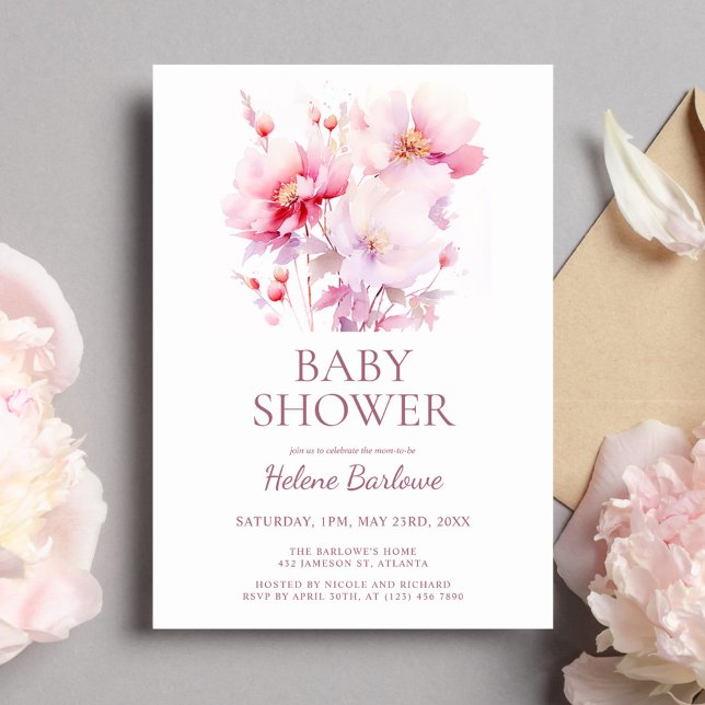 Rosa Blommigt Watercolor Girl Baby Shower Inbjudningar (Pink Floral Watercolor Girl Baby Shower Invitation)