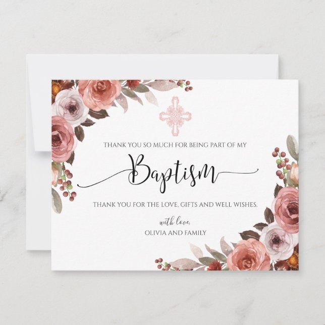 Rosa Blommigt Watercolor Girl's Baptism Tack (Framsida)