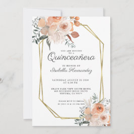 Rosa Blommigt Watercolor Guld Ram Quinceanera Inbjudningar