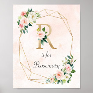 Rosa Blommigt Watercolor Monogram Baby Namn Nurser Poster